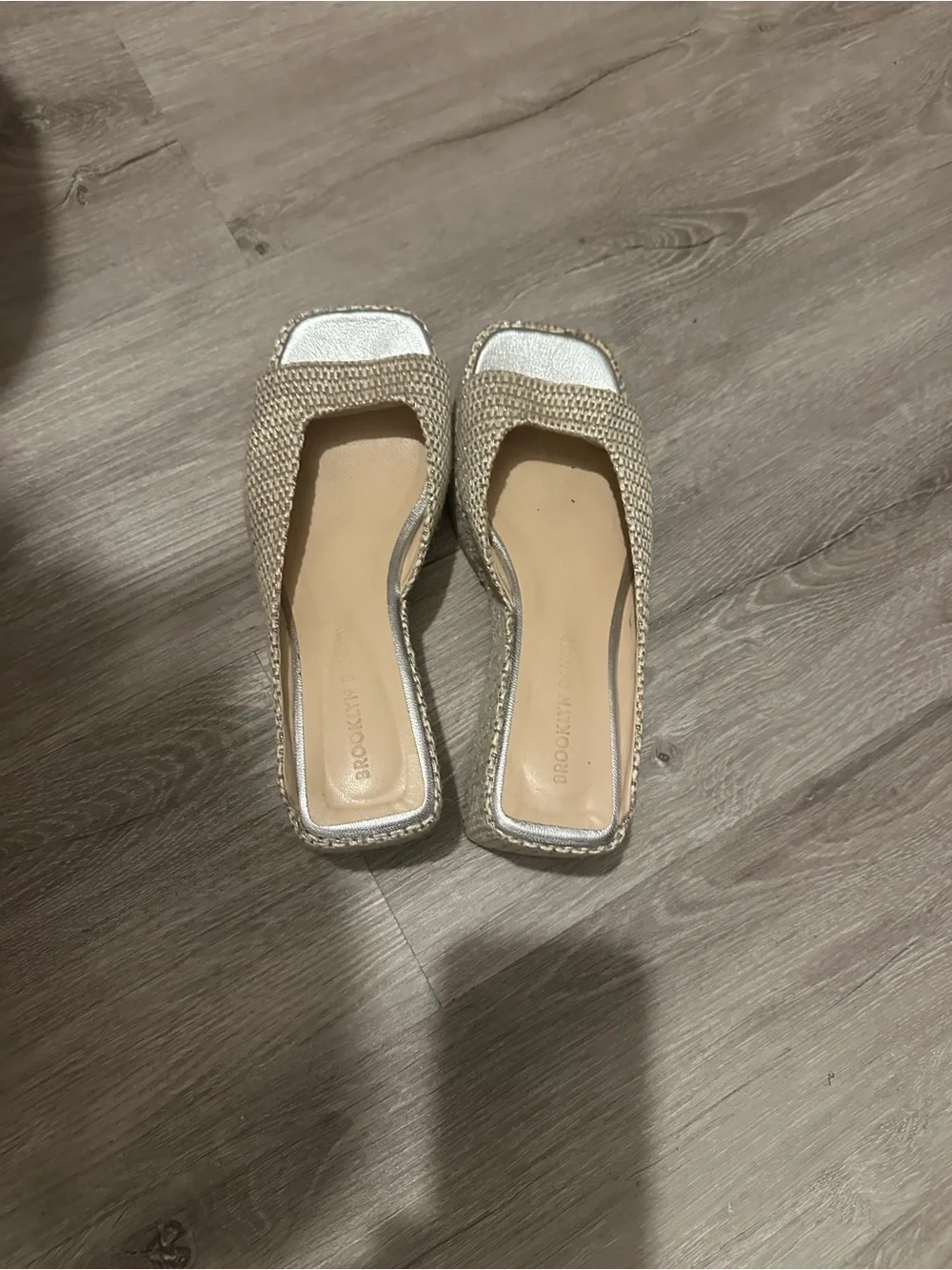 Beige Woven Platform Slide Sandals with Silver Toe - Unbranded